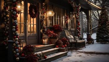 ai genererad vinter- firande jul träd, snö, gåva, upplyst fönster genererad förbi ai foto