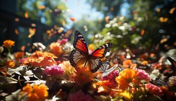 ai genererad vibrerande mång färgad blomma och fjäril i natur genererad förbi ai foto