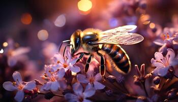 ai genererad bi pollinerar blomma, natur skönhet i verkan genererad förbi ai foto