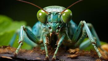 ai genererad stänga upp av en grön insekt läskigt utomjording öga genererad förbi ai foto