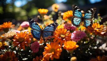 ai genererad vibrerande färgad blomma och fjäril i natur genererad förbi ai foto