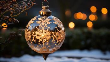 ai genererad vinter- firande snö täckt träd Utsmyckad med jul dekorationer genererad förbi ai foto