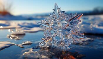 ai genererad vinter- skönhet reflekterad i isig kristall vatten genererad förbi ai foto