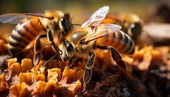 ai genererad upptagen honung bi samlar pollen från en blomma genererad förbi ai foto