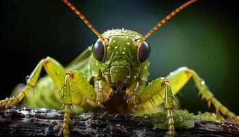 ai genererad stänga upp av en grön gräshoppa på en blad genererad förbi ai foto