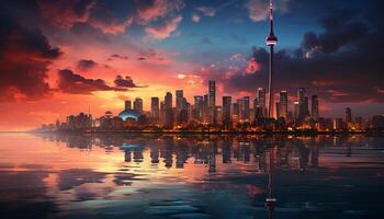 ai genererad skyskrapa stadsbild speglar solnedgång, belysande modern vid vatten genererad förbi ai foto