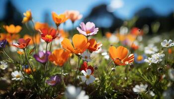 ai genererad vibrerande äng, färgrik blommor, natur skönhet i sommar genererad förbi ai foto