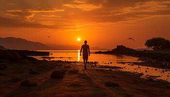 ai genererad silhuett av män joggning på solnedgång på strand genererad förbi ai foto