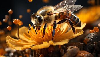 ai genererad upptagen bi samlar pollen från en gul blomma genererad förbi ai foto