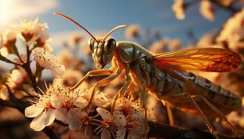 ai genererad stänga upp av en gul bi pollinerande en blomma genererad förbi ai foto