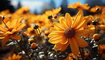 ai genererad gul daisy i äng, vibrerande färger av natur genererad förbi ai foto