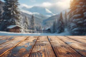 ai genererad trä tabell med suddigt snöig bakgrund, mysigt åka skidor stuga atmosfär foto