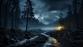 ai genererad mystisk skog, mörk natt, läskigt skönhet i natur genererad förbi ai foto