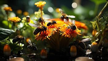 ai genererad upptagen honung bi pollinerande en gul blomma genererad förbi ai foto