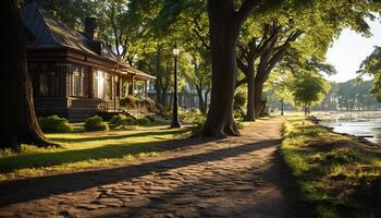 ai genererad lugn scen av en grön skog i sommar genererad förbi ai foto