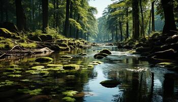 ai genererad lugn scen av en skog med strömmande vatten genererad förbi ai foto