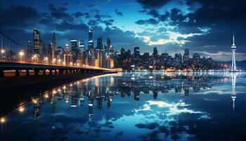 ai genererad ljus horisont speglar på vatten, belysande stad liv genererad förbi ai foto