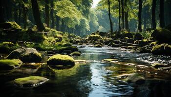 ai genererad lugn scen av en strömmande vattenfall i natur genererad förbi ai foto