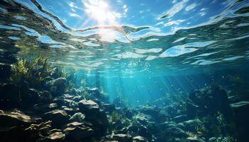 ai genererad under vattnet skönhet i natur, fisk simning Nedan genererad förbi ai foto