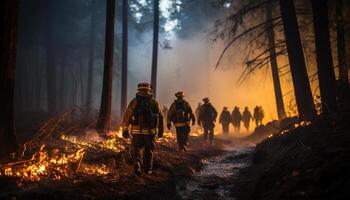 ai genererad brandmän arbetssätt tillsammans till släcka en skog brand genererad förbi ai foto