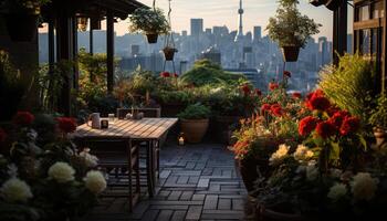 ai genererad tabell med blomma pott, stol, skyskrapa, och solnedgång genererad förbi ai foto