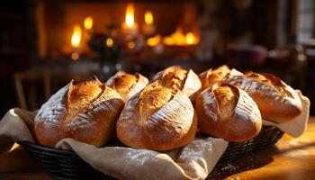 ai genererad nyligen bakad baguette på trä- tabell, redo till äta genererad förbi ai foto