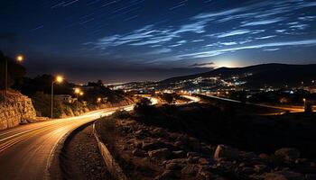 ai genererad suddig rörelse, lång exponering, stad lampor belysa natt genererad förbi ai foto