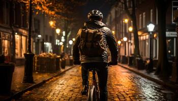ai genererad ett person cykling i de mörk stad natt genererad förbi ai foto