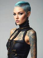 ai genererad porträtt av skön cyber punk- ung tatuerade kvinna, trogen mode begrepp foto
