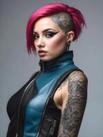 ai genererad porträtt av skön cyber punk- ung tatuerade kvinna, trogen mode begrepp foto