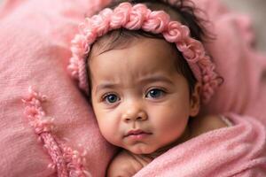 ai genererad söt liten ny född bebis flicka i rosa porträtt bakgrund, förtjusande småbarn, tapet, foto