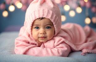 ai genererad söt liten ny född bebis flicka i rosa porträtt bakgrund, förtjusande småbarn, tapet, foto