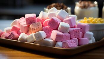 ai genererad fluffig marshmallow efterrätt på rosa tallrik, flathet glädje genererad förbi ai foto