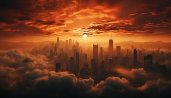 ai genererad skyskrapa stadsbild, moln solnedgång, urban horisont arkitektur skymning genererad förbi ai foto