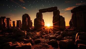 ai genererad majestätisk solnedgång silhuetter gammal ruiner i lugn natur genererad förbi ai foto