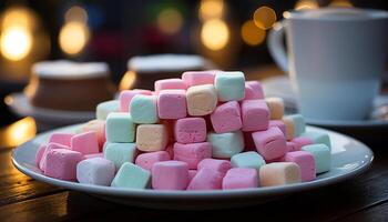 ai genererad stack av färgrik marshmallows på en rosa tallrik genererad förbi ai foto