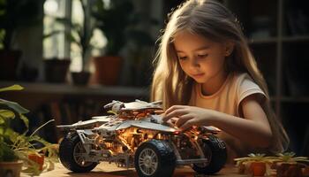 ai genererad söt flicka spelar med leksak bil inomhus genererad förbi ai foto