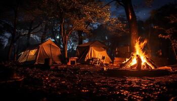ai genererad camping i natur, brand lysande, avslappning och samhörighet genererad förbi ai foto