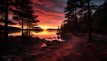 ai genererad lugn scen av solnedgång över berg räckvidd genererad förbi ai foto