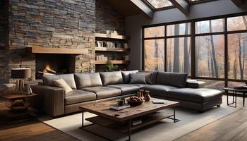 ai genererad modern levande rum med bekväm soffa och elegant dekor genererad förbi ai foto