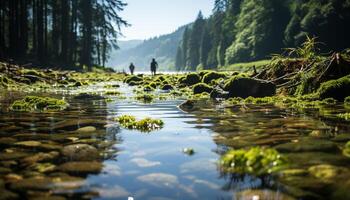 ai genererad ett person vandring i de lugn skog genererad förbi ai foto