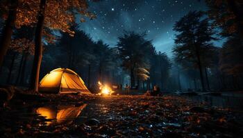 ai genererad camping under de mörk natt, upplyst förbi brand genererad förbi ai foto
