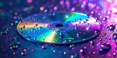 ai genererad en CD med vatten droppar reflekterande ljus foto