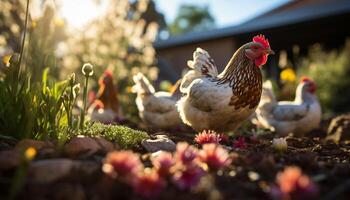 ai genererad kycklingar ströva omkring fritt i de grön äng genererad förbi ai foto