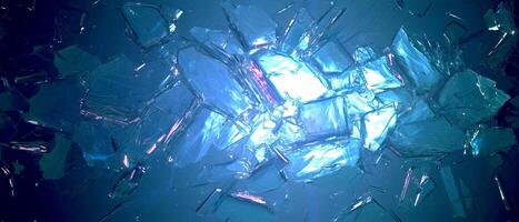 ai genererad abstrakt bakgrund av bruten glas bitar med en spektrum av blå och lila nyanser reflekterande ljus foto