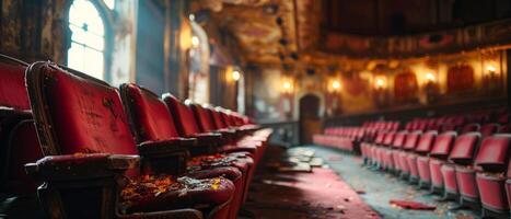 ai genererad förfallen och trasig rosa säten i ett övergiven teater sola sig i de nostalgi av över prakt foto