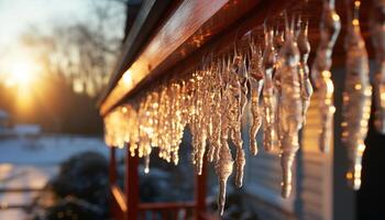 ai genererad frysta istappar hängande från en snöig vinter- träd genererad förbi ai foto