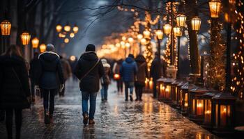 ai genererad gående i de vinter- natt, lyktor belysa stad liv genererad förbi ai foto