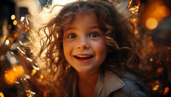 ai genererad leende flicka åtnjuter jul lampor, glad och söt genererad förbi ai foto