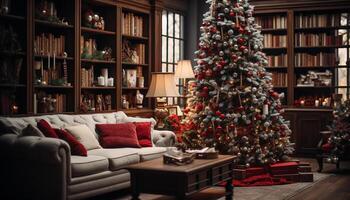 ai genererad jul träd upplyst med jul lampor inomhus genererad förbi ai foto